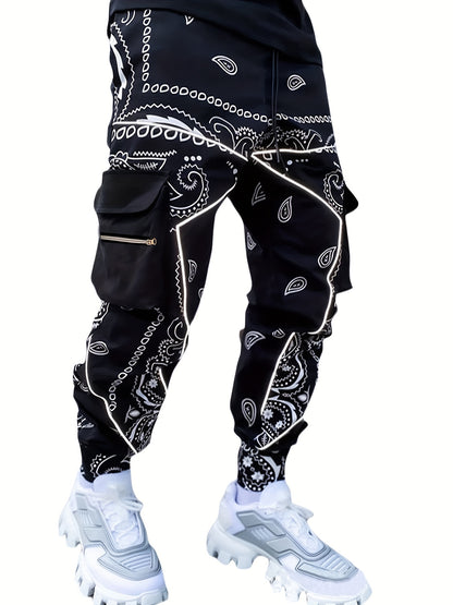 Pantalon Cargo À Poches Multiples À Motif Paisley Tendance, Pantalon Cargo Décontracté Avec Cordon De Serrage Pour Hommes, Joggers Hip-hop Pour L'automne Et L'été En Plein Air