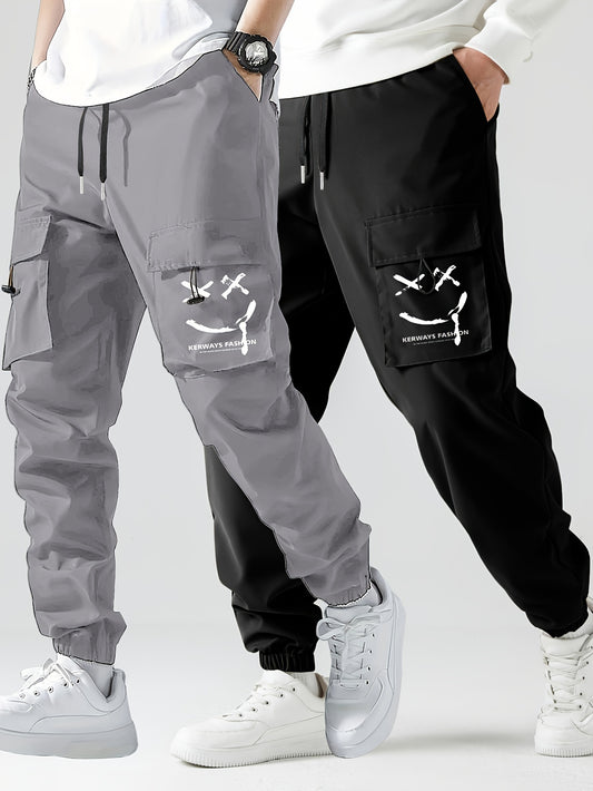 2 Pcs Pantalons De Jogging Cargo Avec Poches Pour Hommes, Motif De Visage Souriant, Respirant Et Décontracté, Vêtements Pour Hommes Avec Cordon De Serrage Pour Les Activités En Plein Air