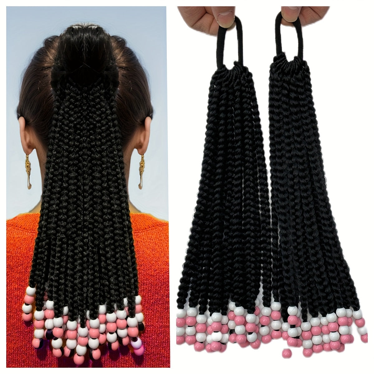 Glamour Instantané" 2pcs 10" Tresses en Boîte Perles Extensions de Queue de Cheval - Postiches Synthétiques Bouclées Détachables pour Femmes, Accessoires de Cheveux Polyvalents et Élégants pour Femmes