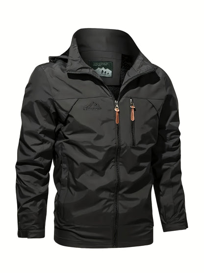 Veste à Capuche Imperméable et Coupe-Vent pour Hommes - Manteau de Montagne en Nylon Décontracté, Lavable en Machine, Couleur Unie avec Détail de Broderie