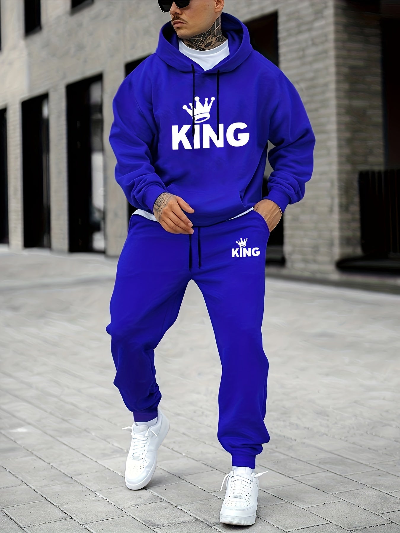 Ensemble deux pièces tendance pour homme KING Crown Graphic Print, sweat à capuche à manches longues et pantalon à cordon avec poche, tenues décontractées confortables et polyvalentes pour l'automne et l'hiver