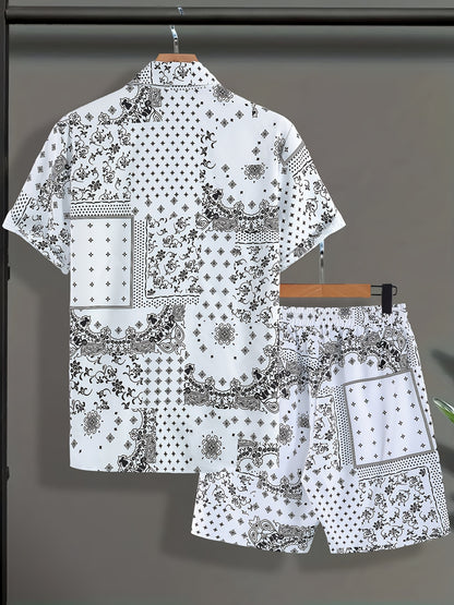 Ensemble d'été 2 pièces pour homme à motif cachemire imprimé sur tout le vêtement, haut chemise à manches courtes boutonnée avec revers et short à cordon avec poches pour un usage quotidien décontracté