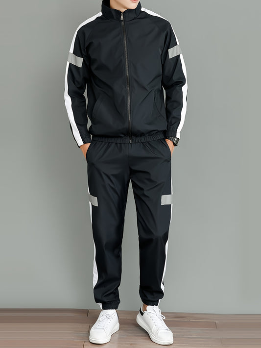 Tenue pour homme, ensemble 2 pièces veste à fermeture éclair à manches longues et pantalon de jogging à blocs de couleurs pour l'extérieur