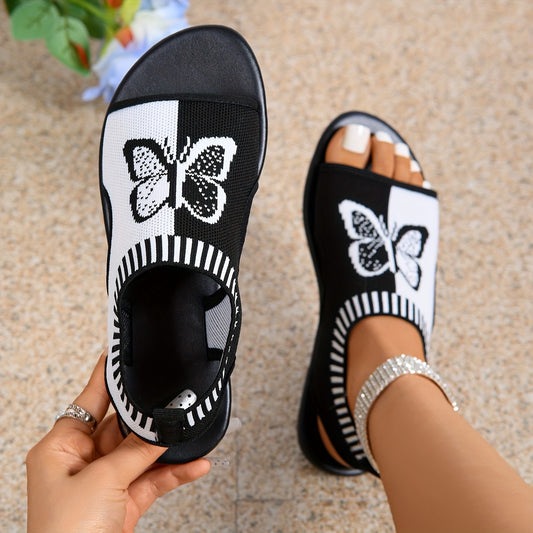 Women Butterfly Pattern Flat Sandals Summer Casual Open Toe Shoes Lightweight Slip-on Sandals 