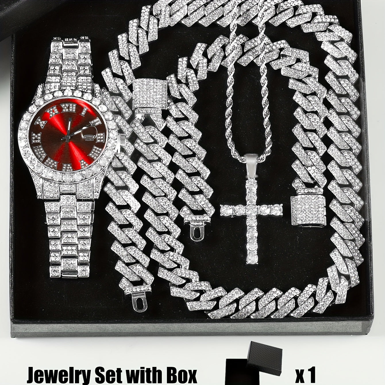 4pcs/set, Rhinestone Cross Pendant and Wrist Watch Jewelry Set for Men/Women