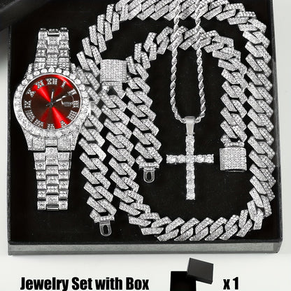 4pcs/set, Rhinestone Cross Pendant and Wrist Watch Jewelry Set for Men/Women