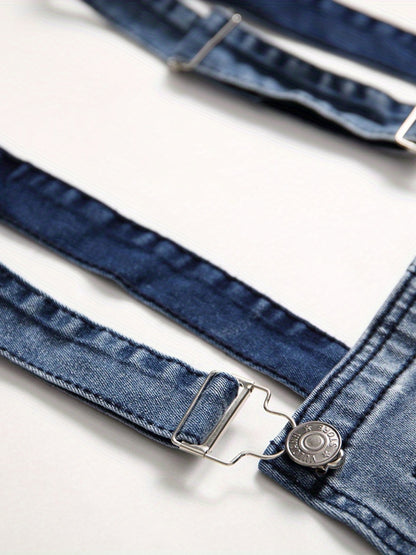 Salopette En Denim Déchiré Au Design Classique, Combinaison Décontractée De Style Urbain À Étirement Moyen Pour Hommes Pour Toutes Les Saisons