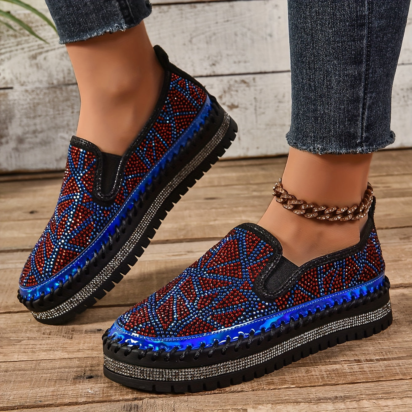 Women Slip-on Loafers Casual Flat Shoes with Rhinestone Soft Sole Comfortable Fashion Shoes 