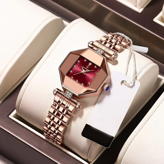 Rose Gold Square Quartz Watch with Stainless Steel Strap, Alloy Case, Electronic Movement for Women and Men. 