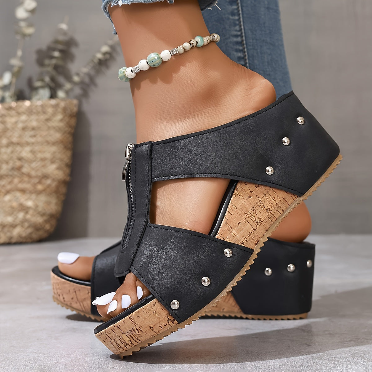 Women's Wedge Heel Sandals, Open Toe Platform Casual Shoes, Front Zipper Comfortable Sandals 