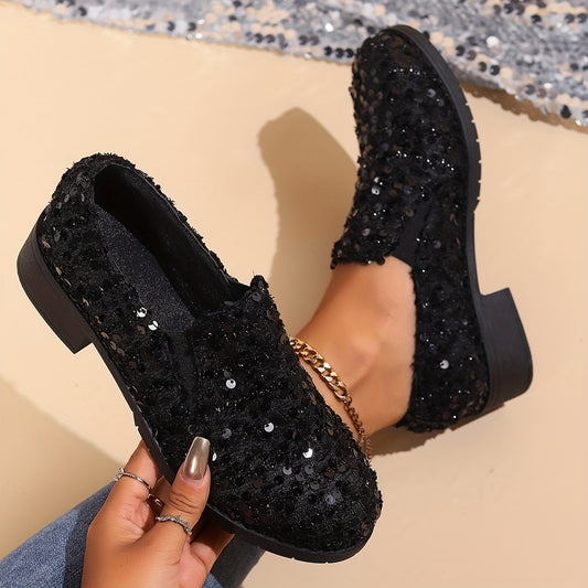 Women's Glitter Decorated Chunky Heel Loafers Preppy Style Dress Shoes Comfortable Slip-on Shoes 