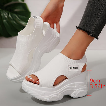 Women's Solid Color Casual Sandals, Soft Elastic Sole Knitting Walking Shoes, Wedge Shoes for Vacation 