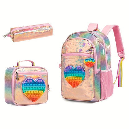 Ensemble Sac à Dos Arc-en-Ciel : Sac à Dos Double Épaules 16,5", Sac à Déjeuner et Pochette en Cuir - Parfait pour l'École ou les Voyages - Fabriqué en Polyester Durable