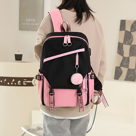 Cute Nylon Flap Backpack, Kawaii Preppy Schoolbag, Casual USB Travel Rucksack for Outdoor 