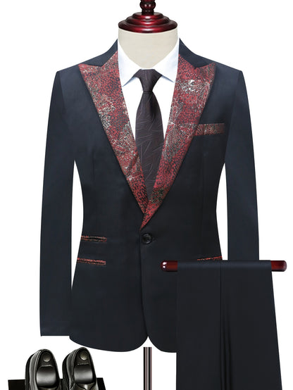 Ensemble de costume 2 pièces pour homme, blazer à revers crantés avec un bouton, détail à motif papillon et poches scellées, pantalon de costume uni, mode business printemps et automne pour homme.