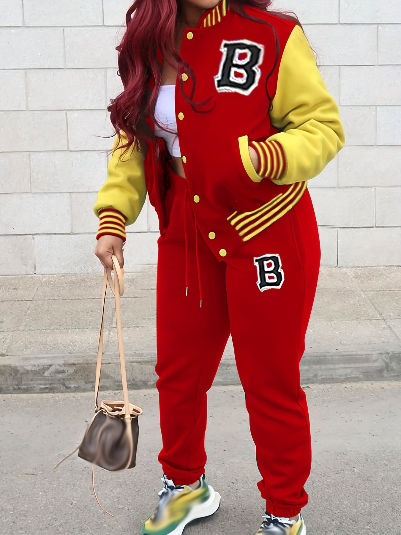 Street Wear Letter Print Two Piece Set, Color Block Button Baseball Collar Jacket and Elastic Drawstring Pants, Women Clothing 