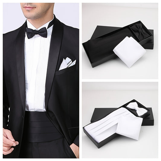 Ensemble cadeau de mariage pour homme avec nœud papillon, pochette de costume et accessoire de gentleman. Coffret cadeau avec cravate, ceinture et foulard carré.