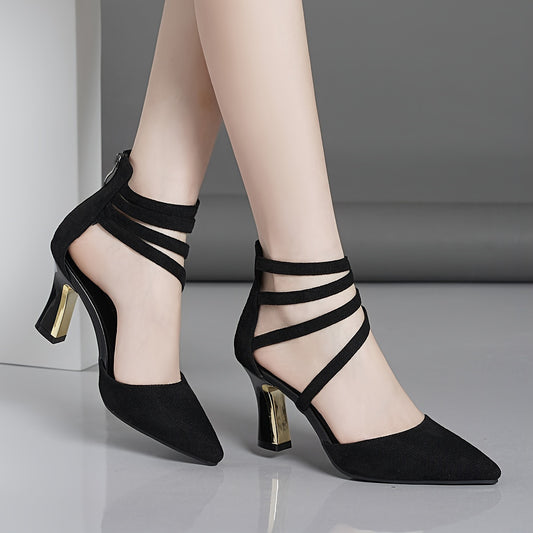 Women's Elegant Pointed Toe Chunky Heel Sandals Solid Color Back Zipper Formal Party Dress Shoes 