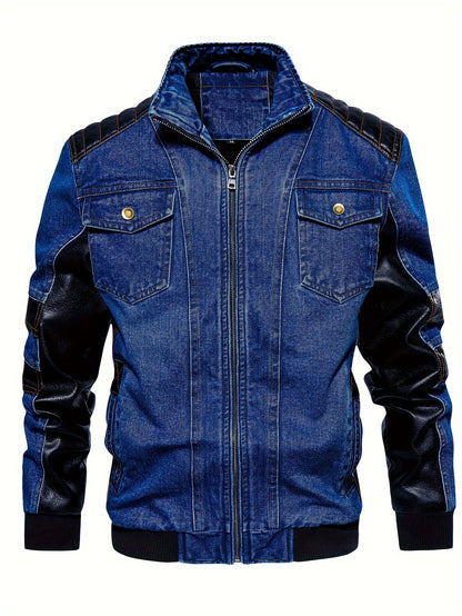 Veste À Fermeture Éclair À Manches Longues En PU Et Denim Pour Homme, Avec Col Montant Et Multi-poches, Veste De Moto Pour Homme