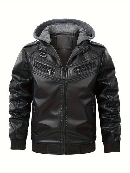 Veste en cuir PU pour homme avec capuche et poches, veste de moto zippée élégante pour homme pour l'automne et l'hiver