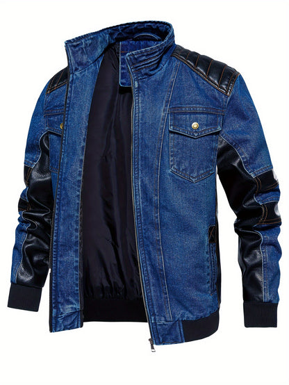 Veste À Fermeture Éclair À Manches Longues En PU Et Denim Pour Homme, Avec Col Montant Et Multi-poches, Veste De Moto Pour Homme