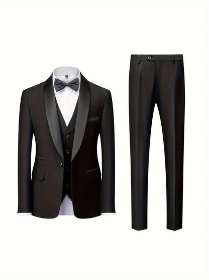 Ensemble de costume 3 pièces pour homme, blazer à revers châle et un bouton, gilet de smoking simple boutonnage et pantalon slim, ensemble élégant et classique pour mariage, banquet et occasions formelles.