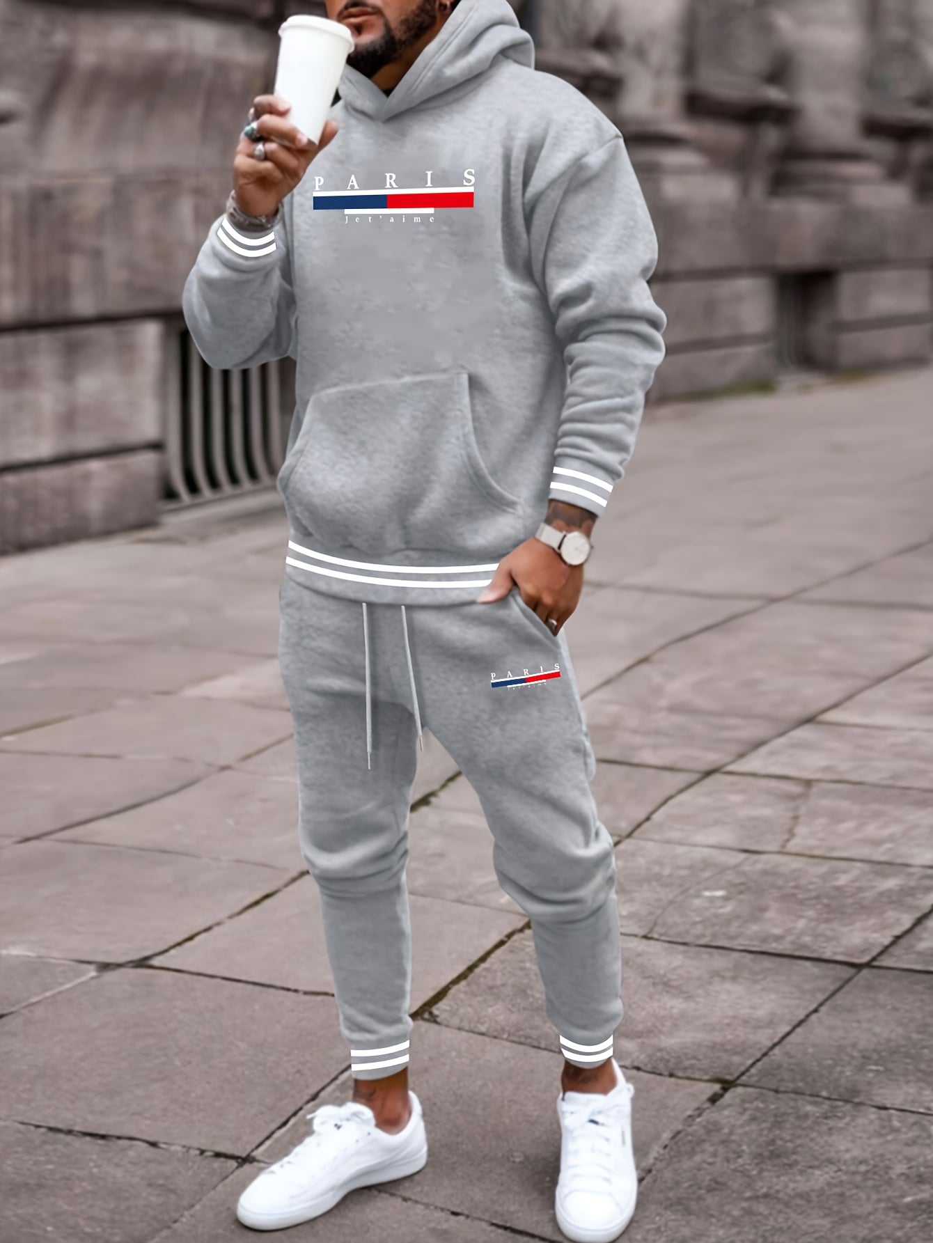 Ensemble deux pièces tendance pour homme avec inscription "PARIS", sweat à capuche à manches longues et pantalon de jogging à cordon de serrage avec poches, tenue décontractée, confortable et polyvalente pour l'automne et l'hiver.