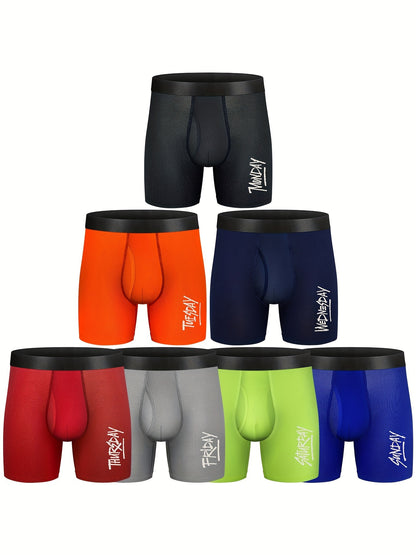 7pcs Men's Long Boxer Shorts with Seven Days of the Week Theme, Athletic Sports Underwear, Breathable Comfortable Mesh, Quick Dry and Stretchy, Men's Underwear