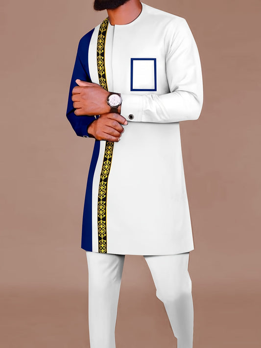 Tenue pour homme, Robe à manches longues à imprimé graphique géométrique color block et pantalon à cordon de serrage, ensemble 2 pièces pour les activités culturelles