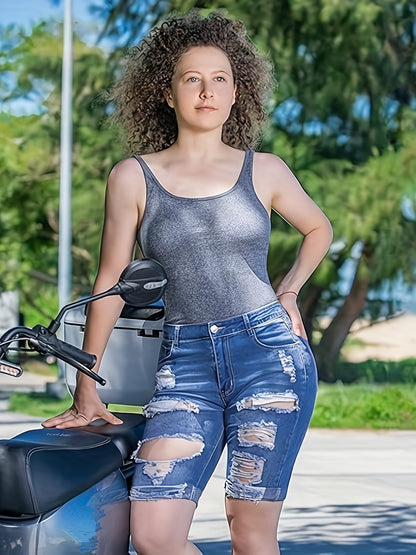 Short en jean déchiré à ourlet retroussé, short en jean délavé bleu vieilli, jeans et vêtements en jean pour femmes