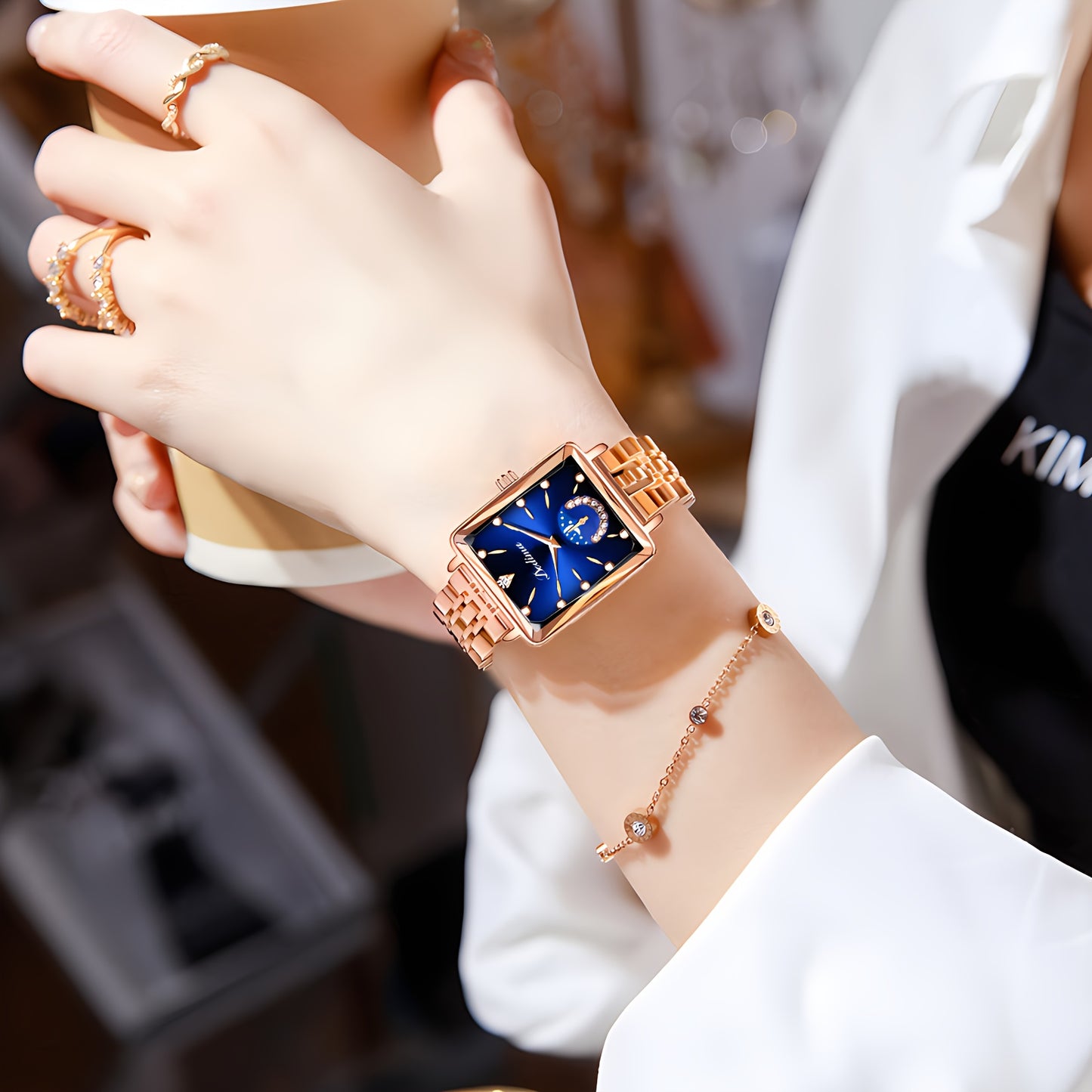 Montre-bracelet En Acier Inoxydable De Luxe Avec Cadran Carré Pour Femmes, Coupe De Quartz, Lune Et Soleil En Strass À La Mode