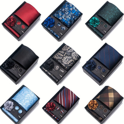 4pcs/set Ensemble de cravate pour hommes pour mariage d'affaires, cravate unie à rayures et à motif cachemire, pochette, boutons de manchette et épingle à revers dans un coffret cadeau, choix idéal pour un cadeau