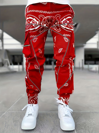 Pantalon Cargo À Poches Multiples À Motif Paisley Tendance, Pantalon Cargo Décontracté Avec Cordon De Serrage Pour Hommes, Joggers Hip-hop Pour L'automne Et L'été En Plein Air