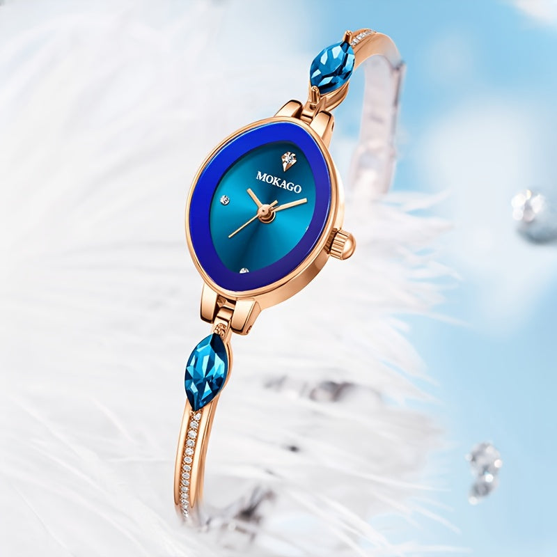 Montre-bracelet De Luxe En Cristal De Quartz Bleu Étanche, De Forme Ovale, Élégante Et Analogique Pour Soirée