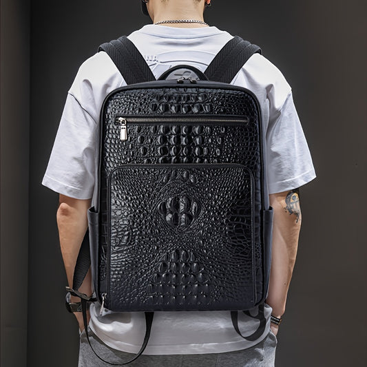 Sac à dos en cuir véritable à motif crocodile pour homme, 15,6 pouces, grande capacité, multifonctionnel, non chargé, sans batterie ni impression.