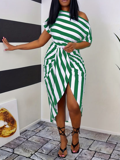 Striped Off Shoulder Dress, Asymmetrical Short Sleeve Casual Dress, Women's Clothing 