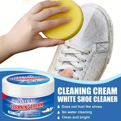 Crème nettoyante pour chaussures blanches EarEpis 100g, détachant pour baskets, formule sans lavage, nettoyage rapide avec éponge incluse, compatible avec la décoration intérieure