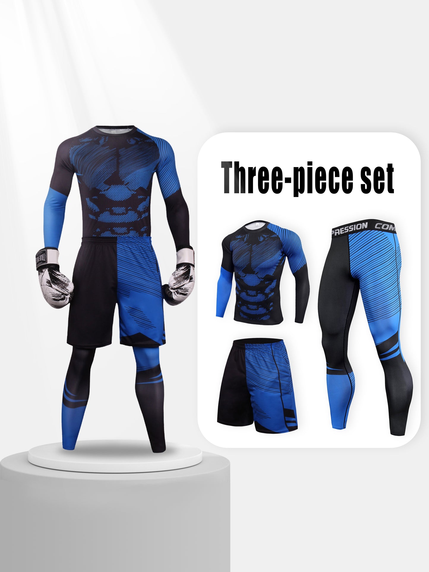 Ensemble de sport de compression 3 pièces pour hommes, tenue de fitness respirante et agréable pour la peau, style décontracté, haut à manches longues + short + pantalon pour la gym, le vélo et la pêche.