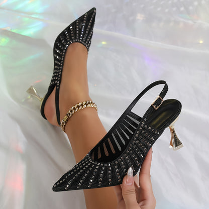 Women's Elegant Rhinestone Sandals Slip On Ankle Strap High Heels Evening Party Shoes Pointed Toe Glitter Dress Shoes 