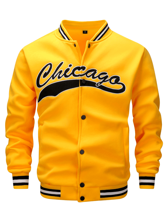 Veste de baseball brodée à la calligraphie pour hommes "CHICAGO", manteau décontracté et élégant à manches longues avec boutons, vêtements d'extérieur