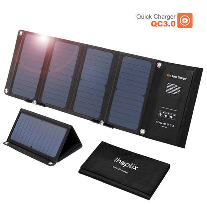 To 28W Foldable Portable Solar Charger with QC 3.0 Quick Charging 3 USB Port for Cell Phone iPhone iPad Samsung Tablet