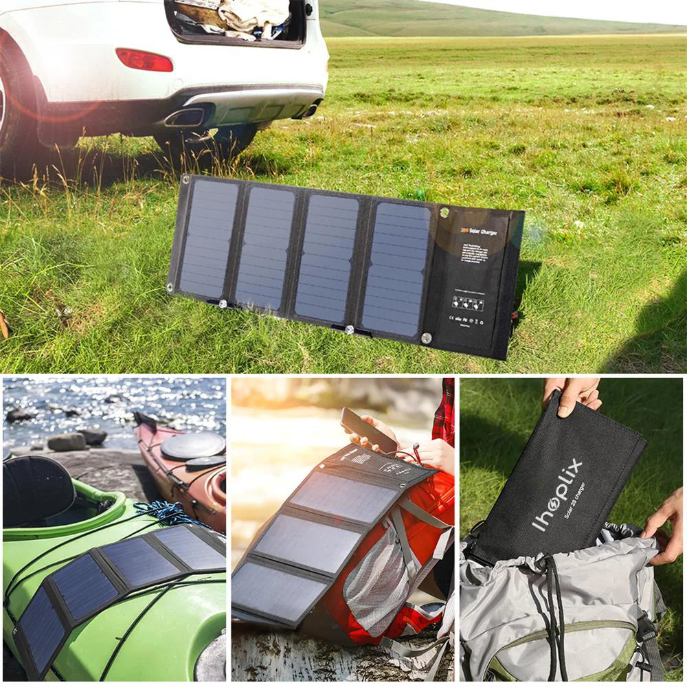 To 28W Foldable Portable Solar Charger with QC 3.0 Quick Charging 3 USB Port for Cell Phone iPhone iPad Samsung Tablet