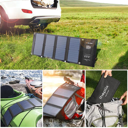 To 28W Foldable Portable Solar Charger with QC 3.0 Quick Charging 3 USB Port for Cell Phone iPhone iPad Samsung Tablet