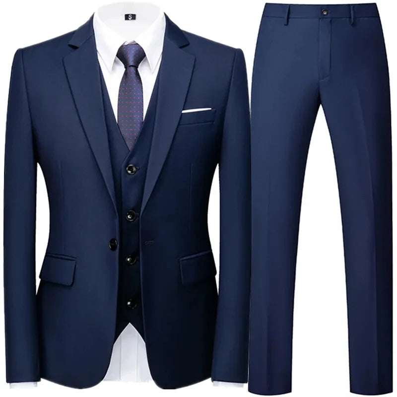 Fashion New Men's Business Casual Solid Color 3 Pieces Suits / Male Two Button Blazers Jacker Coat Trousers Pants Vest Waistcoat