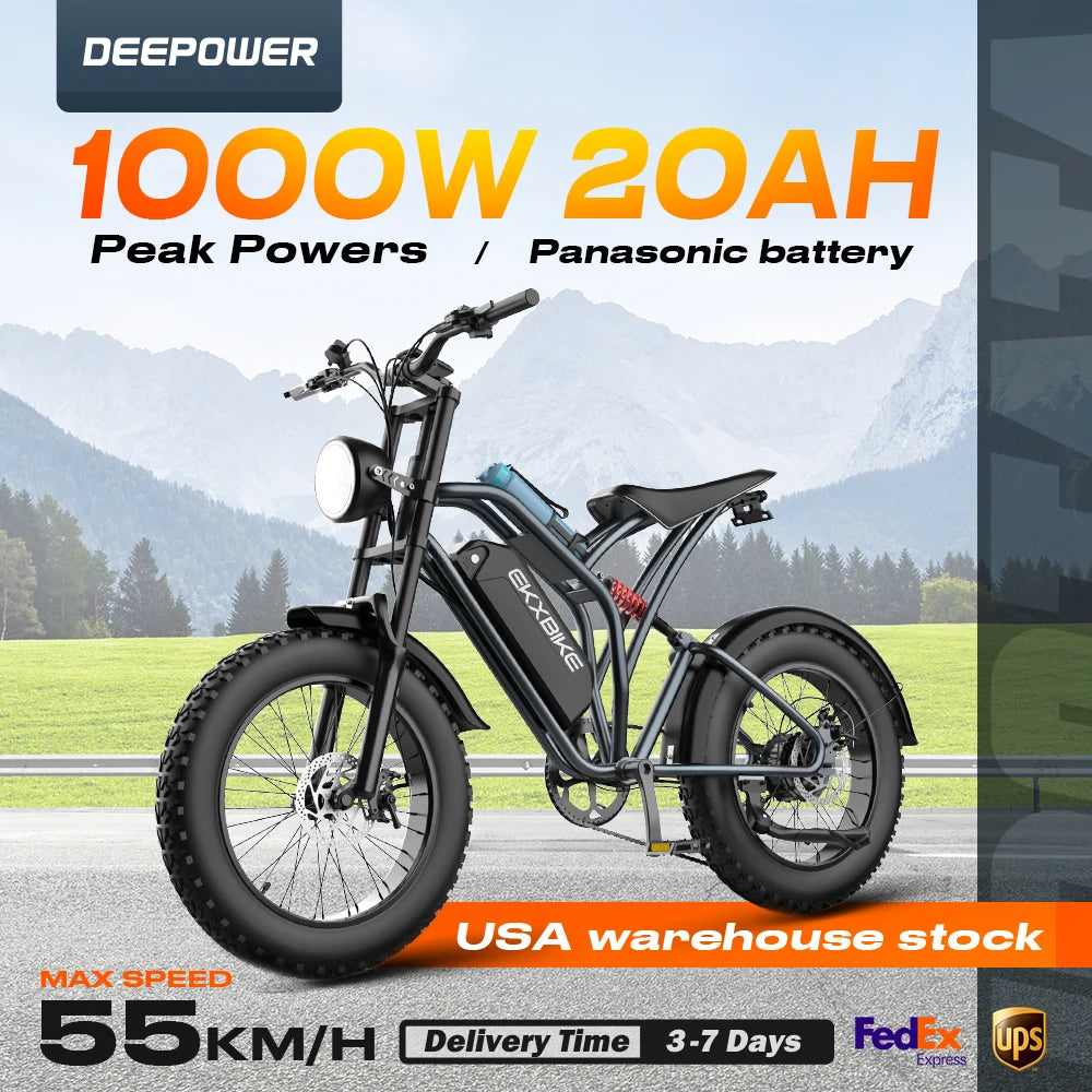 DeePower T1 Electric Bike 20‘’*4.0 Fat Tire 1000W Motor 48V20AH Lithium Battery 34MPH Electric Bicycle For Adults Mountain EBike