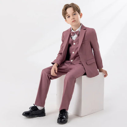 Children White Pink Jacket Vest Pants Bowtie 4PS Ceremony Photograph Suit Kids Piano Party Dress Flower Boys Performance Costume