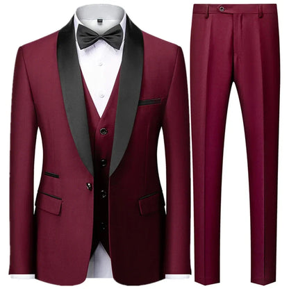 3 Pieces Set Men's Business Blazers Coat / Male Slim Fit Color Matching Collar Suit Tuxedo Leisure Jacket Pants Vest Wedding