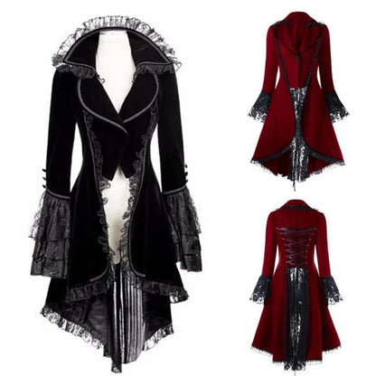 Women Lace Trim Lace-up High Low Coat Black Steampunk Victorian Style Gothic Jacket Medieval Noble Court Dress Plus Size S-5XL