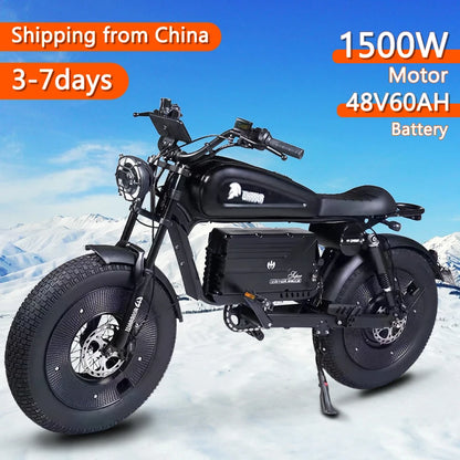 Black 1500W Motorbikes 48V60AH Ebike Adult Road Electric Bicycle 20inch Off-road Fat Tire Mountain Electric Bike Hydraulic brake