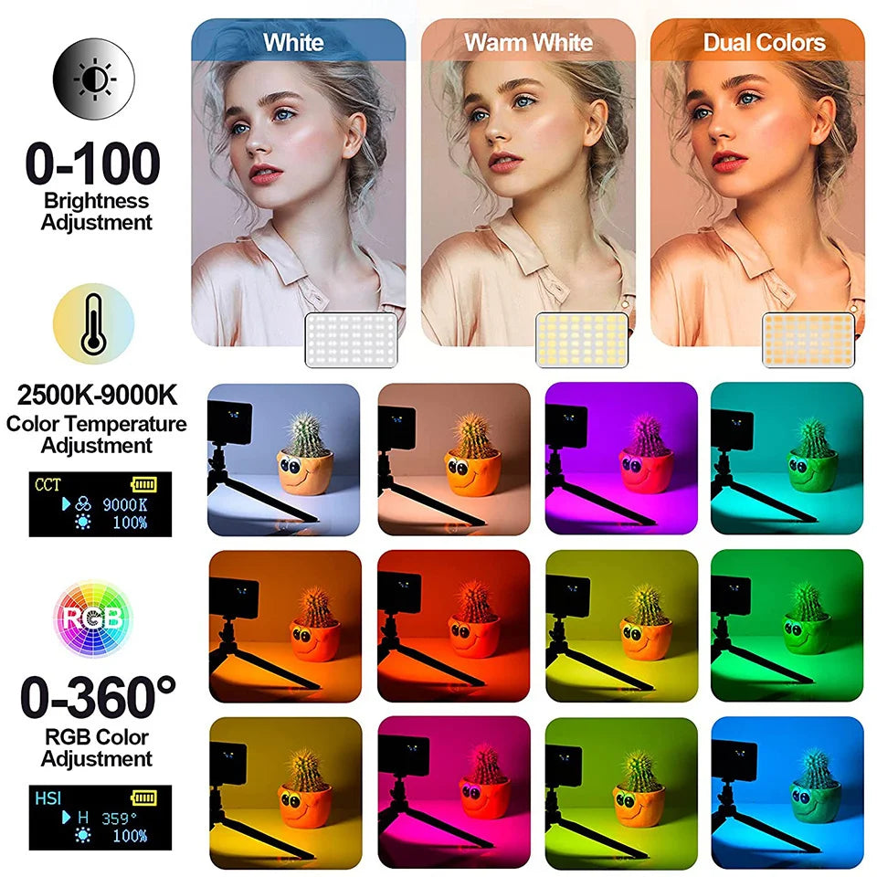 LED RGB Camera Light Full Color Output Video Light Kit Dimmable 2500K-9000K Bi-Color Panel Light CRI 95+ Rechargeable 3100mAh